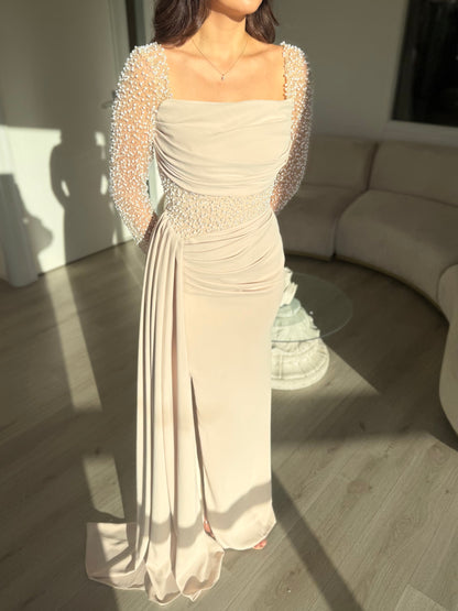 Champagne Off-Shoulder Evening Gown with Pearl Embellished Long Sleeves