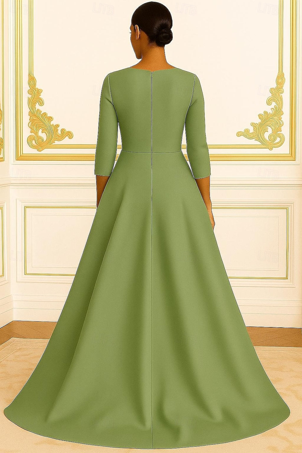 3/4 Length Sleeve A-Line Sheath Floor Length Evening with Glitter Sequin Embroidery Overskirt