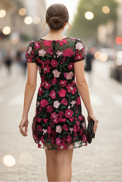 Floral Embroidered Flounce Dress With Sheer Short Sleeves In Black Berry