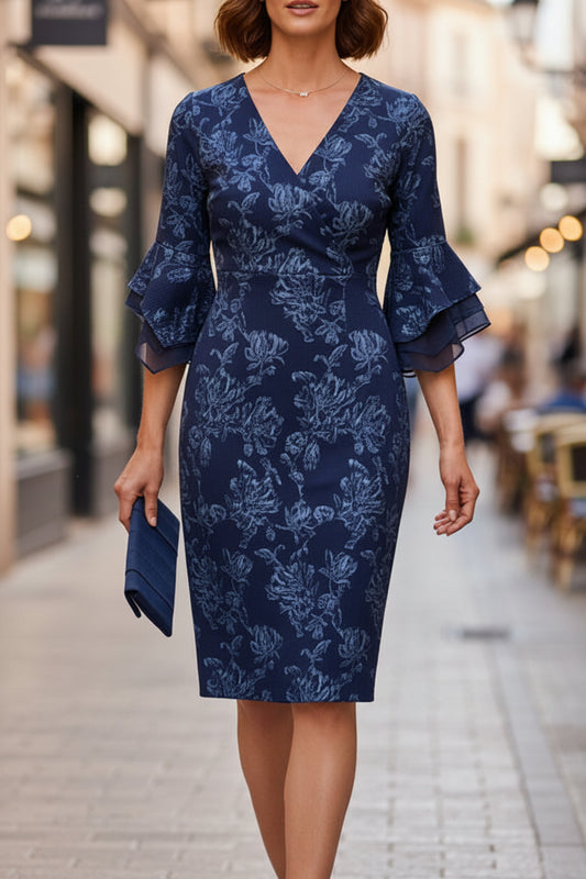 Floral Jacquard Bell Sleeve Sheath Dress In Navy Sateen