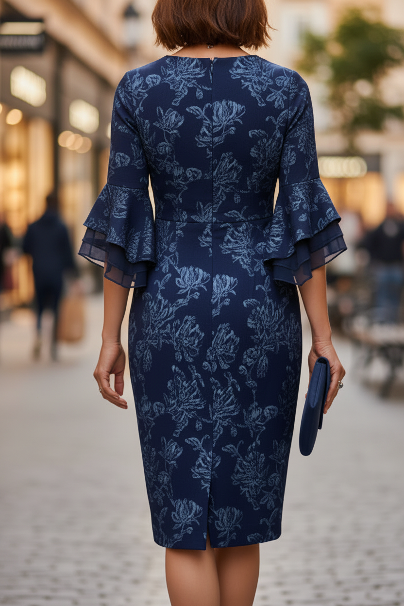 Floral Jacquard Bell Sleeve Sheath Dress In Navy Sateen