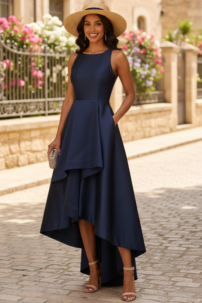 High Low Mikado Gown With Asymmetrical Detail In Midnight