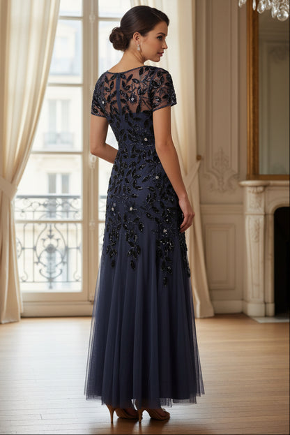 Hand Beaded Short Sleeve Floral Godet Gown