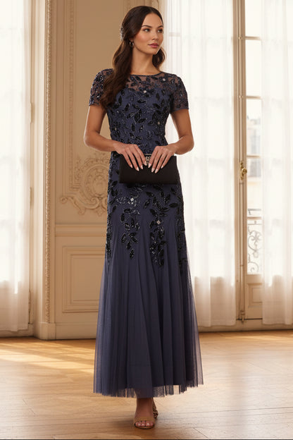 Hand Beaded Short Sleeve Floral Godet Gown