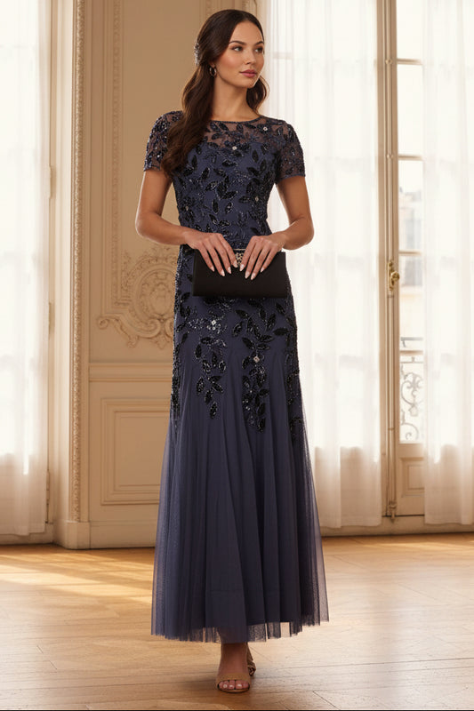 Hand Beaded Short Sleeve Floral Godet Gown