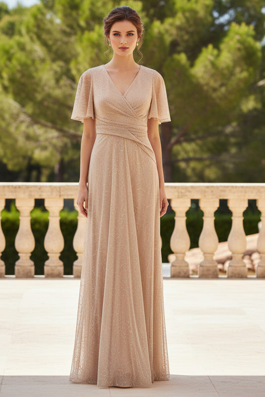 Metallic Mesh Draped Gown In Rose Gold