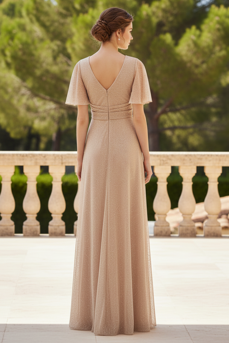 Metallic Mesh Draped Gown In Rose Gold