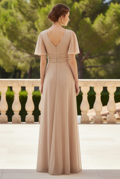 Metallic Mesh Draped Gown In Rose Gold