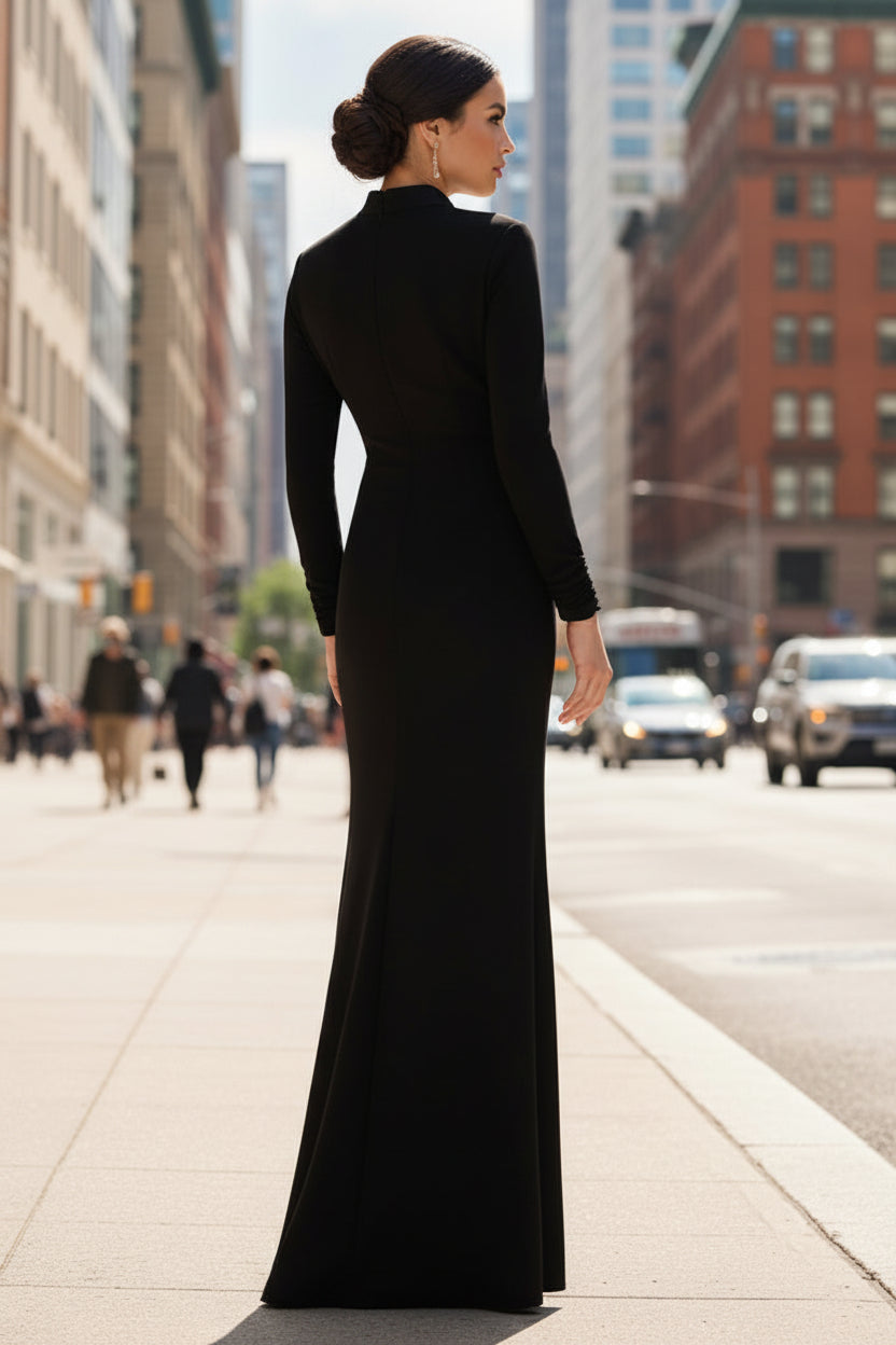 Tuxedo Mermaid Gown With Long Sleeves In Black