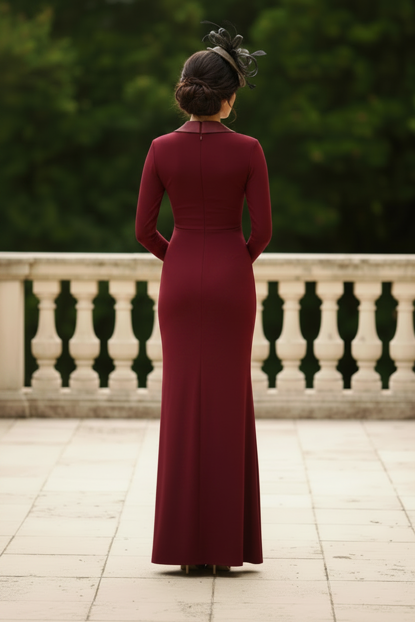 Tuxedo Mermaid Gown With Long Sleeves In Red Wine