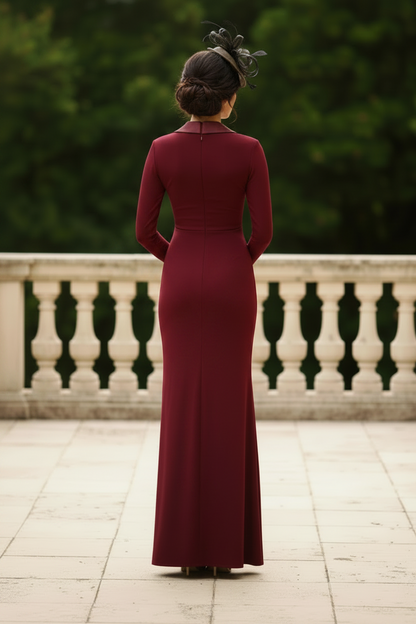Tuxedo Mermaid Gown With Long Sleeves In Red Wine