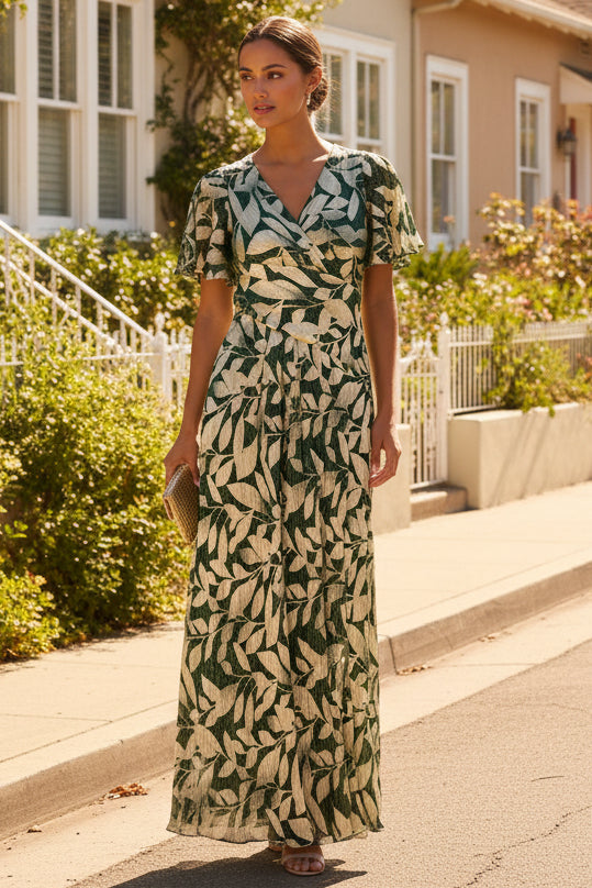 Foil Leaf Short Sleeve Gown With Draped Details In Green Pine Gold
