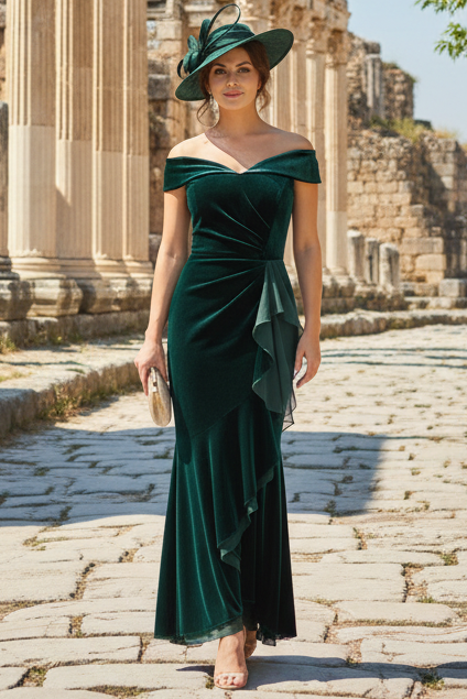 Off The Shoulder Velvet Mermaid Gown With Organza Ruffle In Hunter