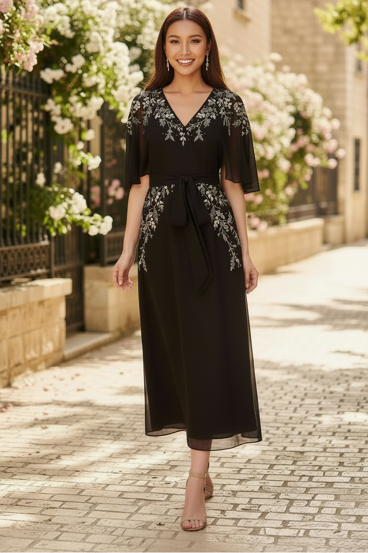 Beaded Chiffon Ankle Length Gown With Dolman Sleeves In Black