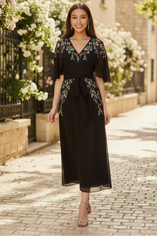 Beaded Chiffon Ankle Length Gown With Dolman Sleeves In Black