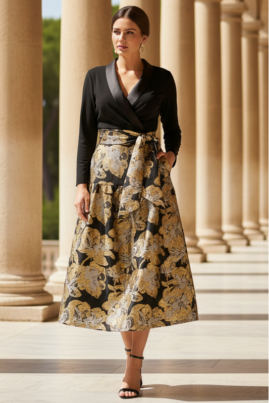 Plus Size Combo Floral Jacquard Dress In Black Gold
