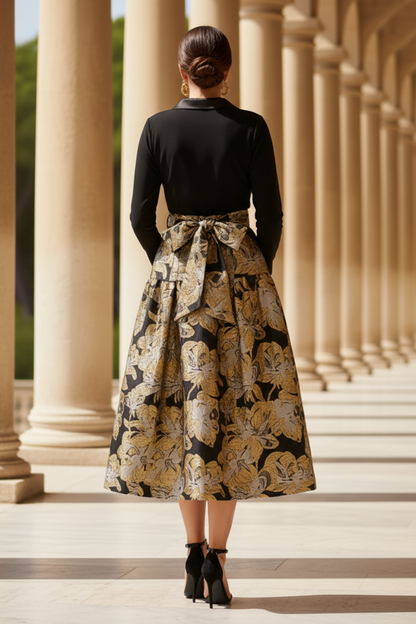 Plus Size Combo Floral Jacquard Dress In Black Gold