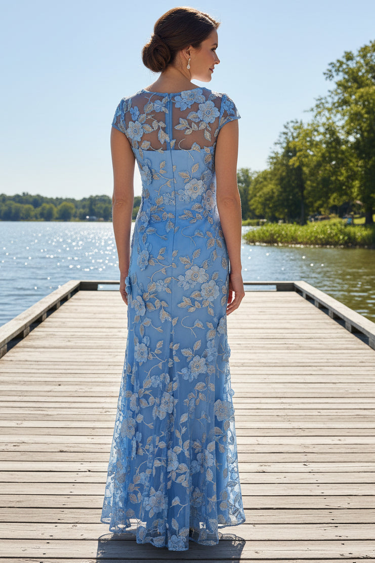 Cap Sleeve Floral Embroidered Illusion Godet Gown In Light Blue Gold