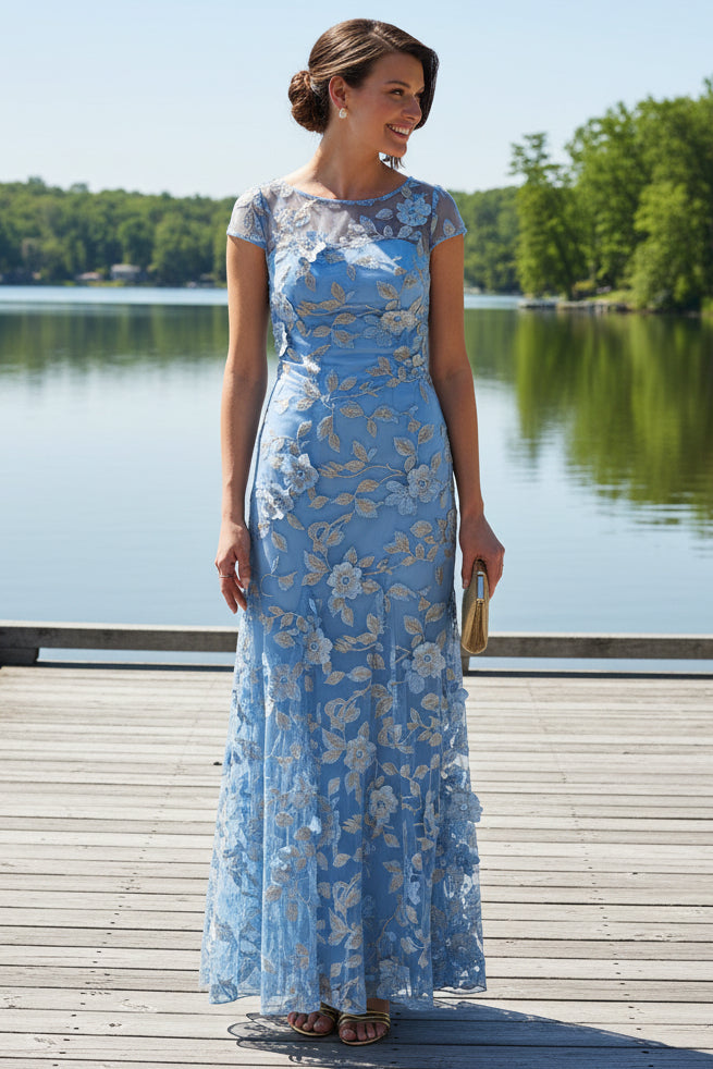 Cap Sleeve Floral Embroidered Illusion Godet Gown In Light Blue Gold