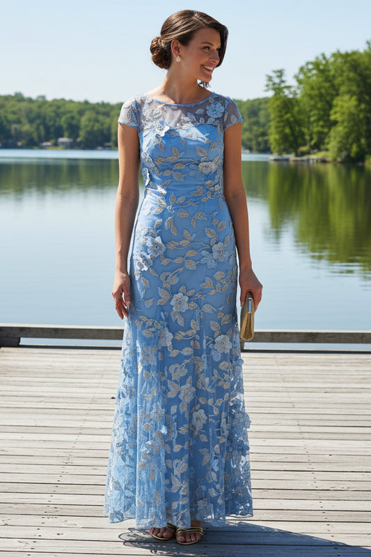 Cap Sleeve Floral Embroidered Illusion Godet Gown In Light Blue Gold