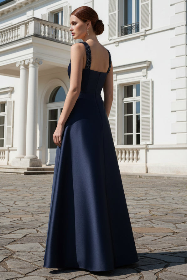 Sleeveless Beaded Mikado Fit And Flare Gown In Midnight