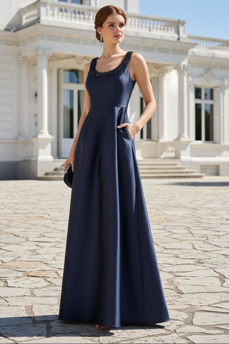 Sleeveless Beaded Mikado Fit And Flare Gown In Midnight