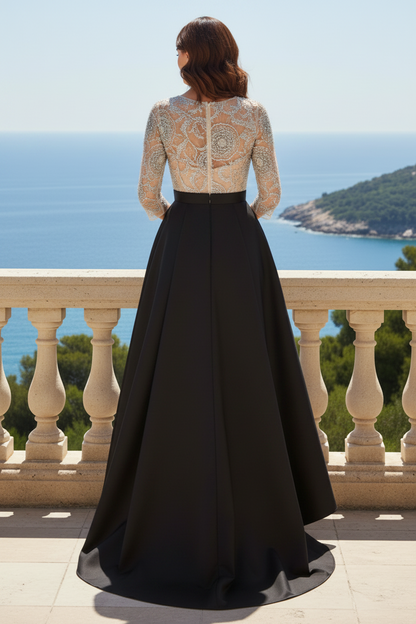 Three Quarter Sleeve Beaded Taffeta Combo Gown In Black Silver