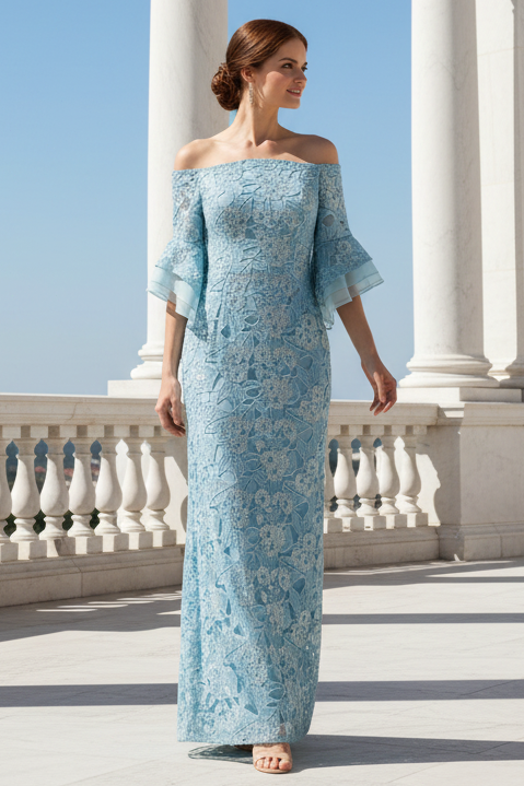 Off Shoulder Bell Sleeve Sequin Lace Gown