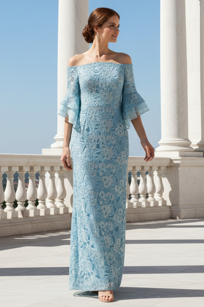 Off Shoulder Bell Sleeve Sequin Lace Gown