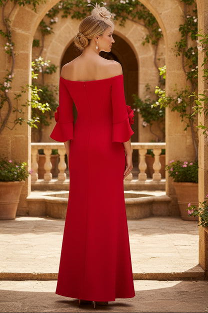 Off Shoulder Bell Sleeve Rosette Gown In Super Red