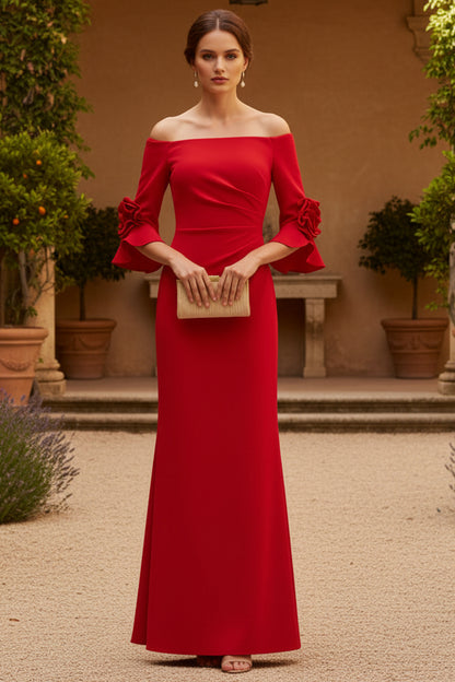 Off Shoulder Bell Sleeve Rosette Gown In Super Red