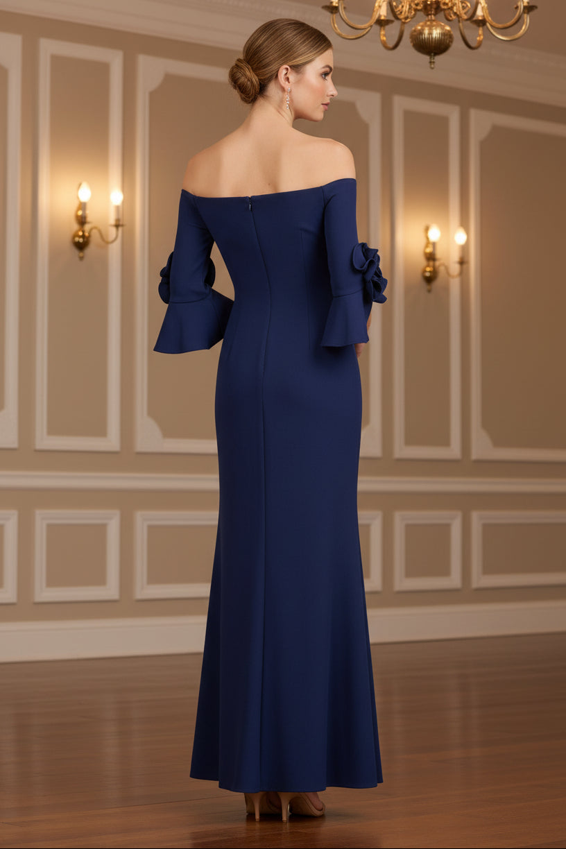 Off Shoulder Bell Sleeve Rosette Gown In Navy Sateen