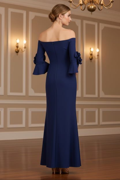 Off Shoulder Bell Sleeve Rosette Gown In Navy Sateen