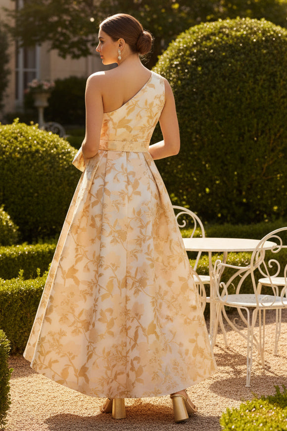 One Shoulder Organza Jacquard High Low Gown In Champagne Ivory