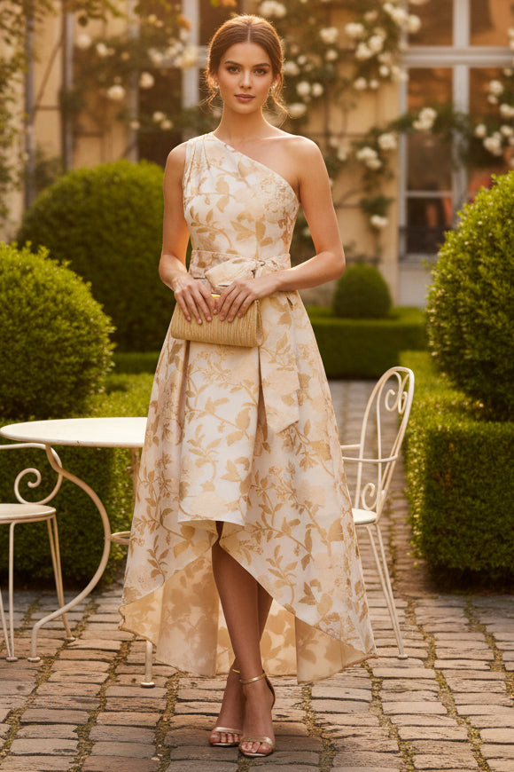 One Shoulder Organza Jacquard High Low Gown In Champagne Ivory