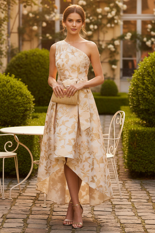 One Shoulder Organza Jacquard High Low Gown In Champagne Ivory