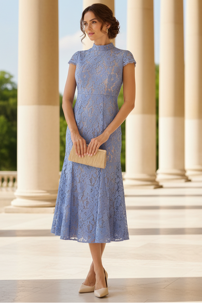 Cap Sleeve Lace Midi Dress In French Blue Nude