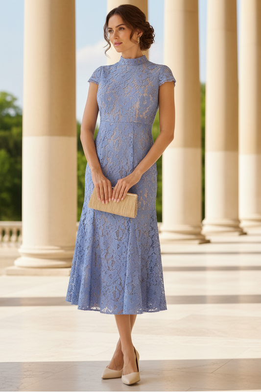 Cap Sleeve Lace Midi Dress In French Blue Nude
