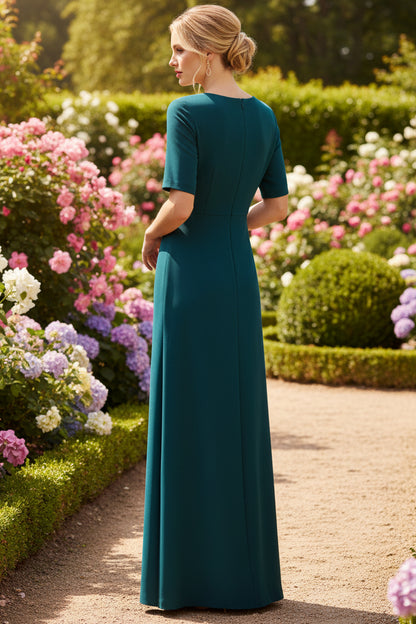 Short Sleeve Beaded Keyhole Gown In Hunter