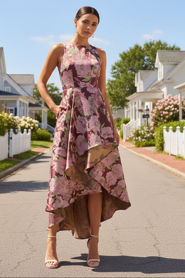 Sleeveless Floral Jacquard High Low Gown In Burgundy Multi