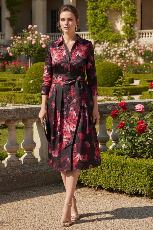 Three Quarter Sleeve Floral Taffeta Shirt Dress In Black Multi