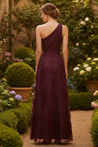 One Shoulder Floral Embroidered Gown In Raisin