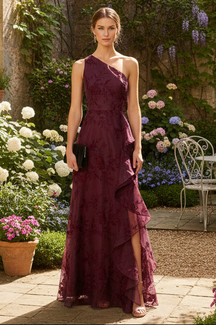 One Shoulder Floral Embroidered Gown In Raisin