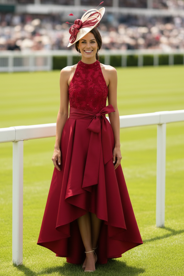 Sleeveless Beaded Taffeta High Low Combo Gown In Red