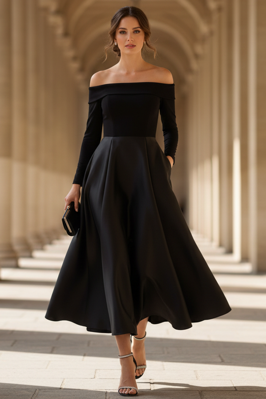 Off Shoulder Long Sleeve Mikado Combo Gown In Black