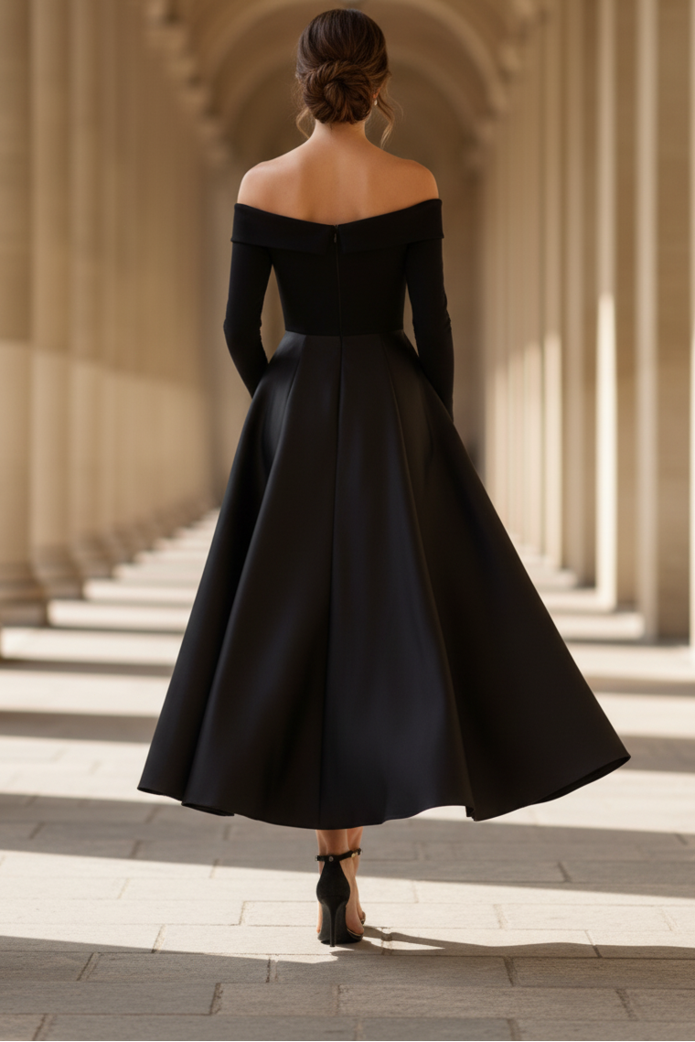 Off Shoulder Long Sleeve Mikado Combo Gown In Black