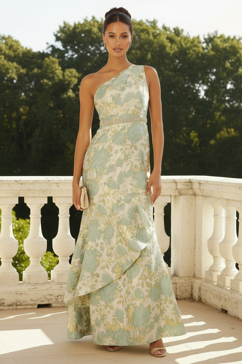 One Shoulder Beaded Metallic Floral Gown In Sage Multi
