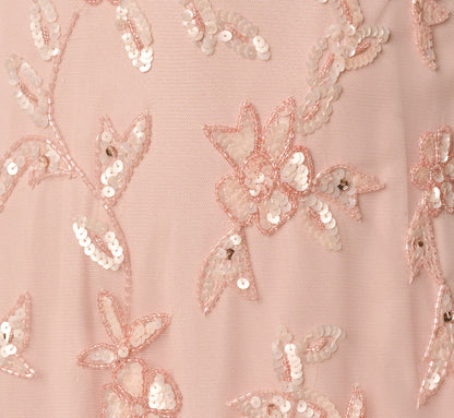Flutter Sleeve Ruffle Floral Beaded Midi Dress In Blush Whisper