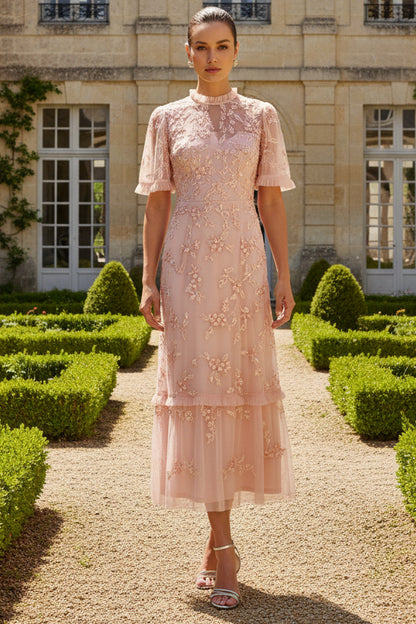 Flutter Sleeve Ruffle Floral Beaded Midi Dress In Blush Whisper