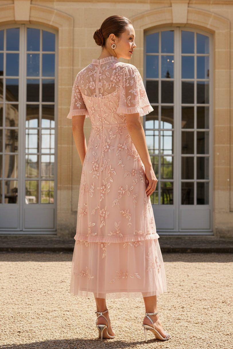 Flutter Sleeve Ruffle Floral Beaded Midi Dress In Blush Whisper